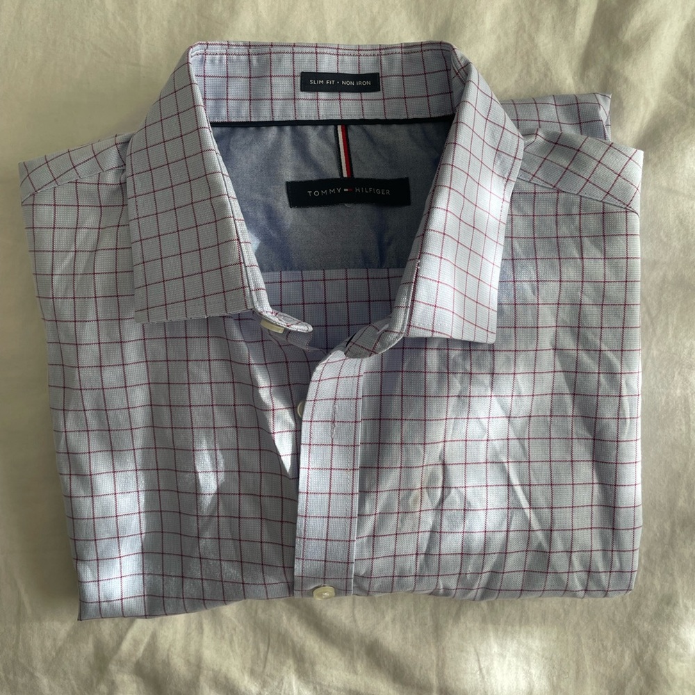 Tommy Hilfiger Men's Blue and Red Grid Shirt